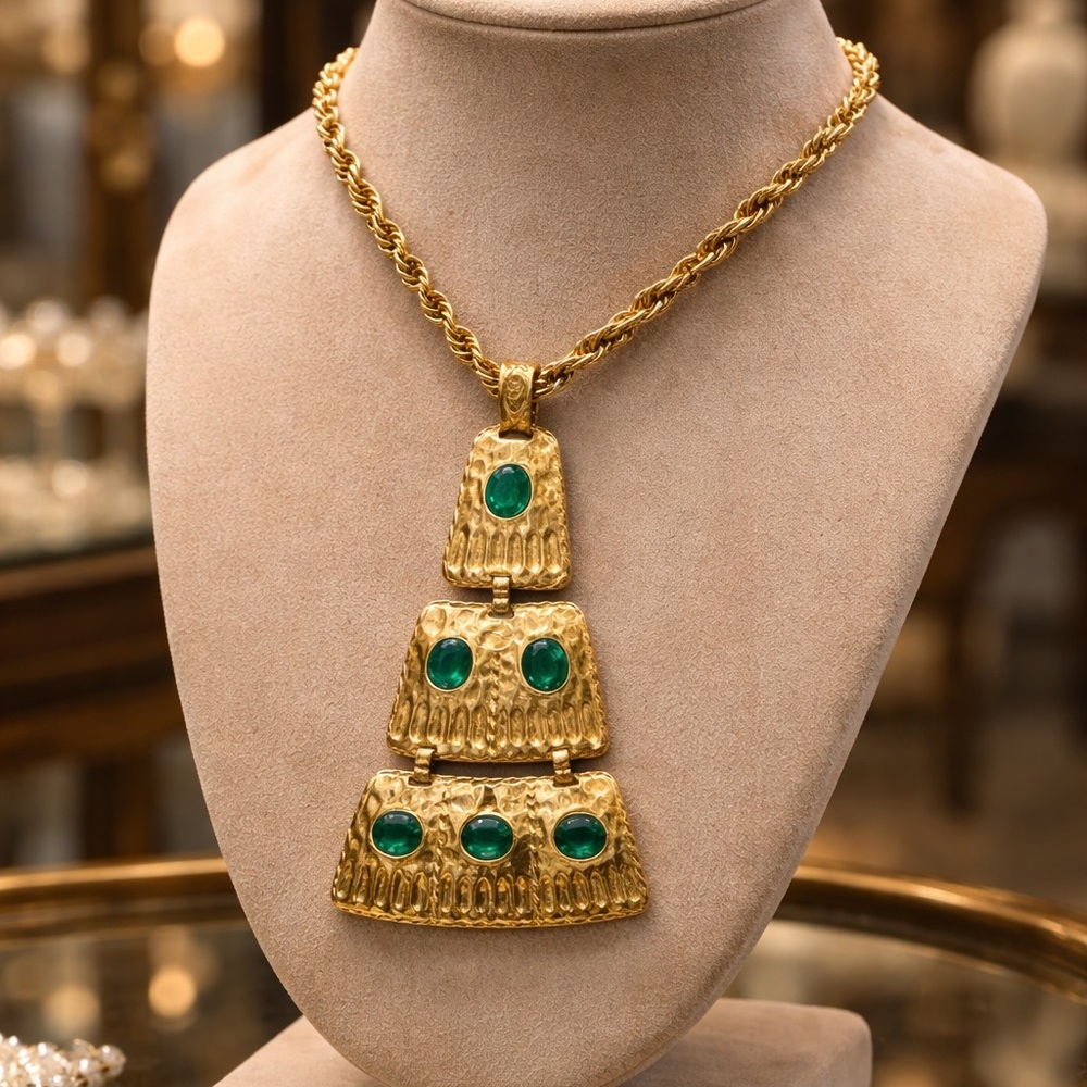 Elegant Vintage Gold Necklace with Green cabochons - Picture 1 of 10